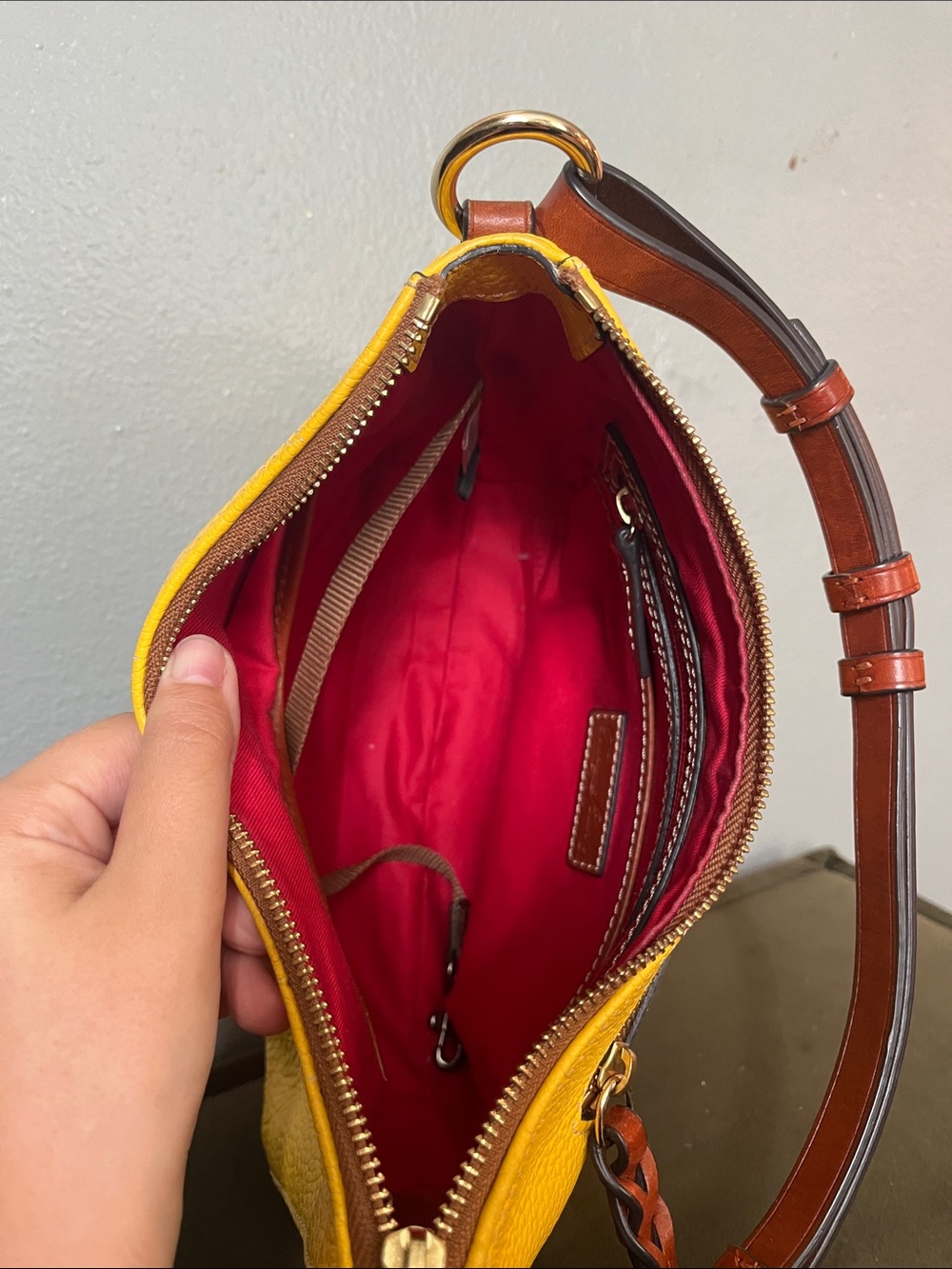 Dooney & Bourke Yellow Pebbled Leather Shoulder Bag with Brown Trim - Picture 10 of 15